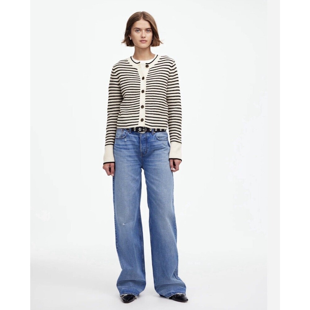 Madewell Waffle-Knit 100% Merino Wool Long Sleev Cardigan in Stripe Black Crm XL - Picture 9 of 9
